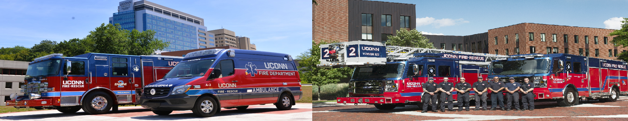UConn Firefighters posing in front of Firetrucks